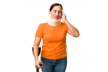 Middle-aged caucasian woman wearing neck brace over isolated background with headache