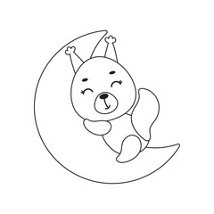 Obraz premium Coloring page cute little squirrel sleeping on moon. Coloring book for kids. Educational activity for preschool years kids and toddlers with cute animal. Vector stock illustration