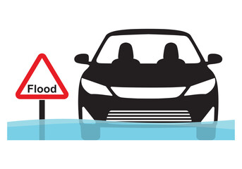 Black Car Was Flooded Isolated And Flood Sign On White Background, Vector File.