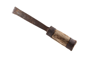 An old chisel with a cracked wooden handle and a rusted steel part. On a transparent background.