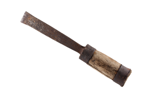 An old chisel with a cracked wooden handle and a rusted steel part. On a transparent background.