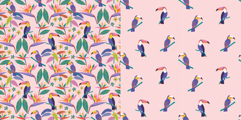 Set of seamless trendy vector pattern with toucans on a branch and foliage. Tropical print in with exotic plants and bird.