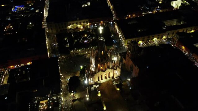 Night aerial shot of the church of San Miguel de Allende