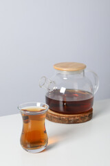 Concept of traditional turkish brewed hot drink, turkish tea, space for text