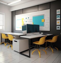 Empty classroom. Modern classroom interior with desks and chairs. Generative AI