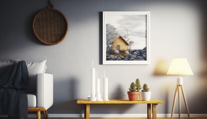 A living room with a painting of a house on the wall