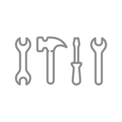 Wrench or spanner and hammer, screwdriver line icon set. Hardware tools outlined icons.