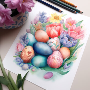 Easter eggs with flowers, spring celebration, colored flowers spring illustration, eggs with blossoms and grass. Generative Ai.