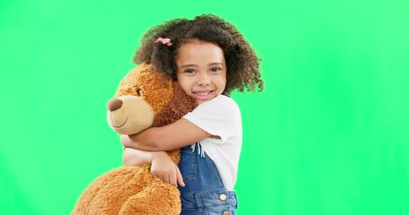 Happy, little girl and hugging teddy bear on green screen of cute innocent child isolated against studio background. Portrait of adorable kid smile with soft toy hug for childhood on chromakey mockup - Powered by Adobe