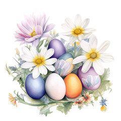 Obraz na płótnie Canvas Easter eggs with flowers, spring celebration, colored flowers spring illustration, eggs with blossoms and grass. Generative Ai.