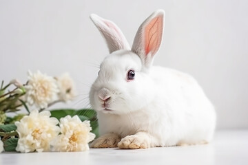 Obraz premium Cute Easter Bunny with Flowers and Easter Eggs, white background, professional studio photography, space for text
