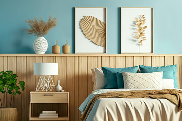 Bedroom interior mockup with blue wall and wooden furniture. Generative AI illustration