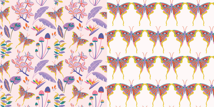 Seamless pattern set of butterflies, mushrooms, colorful tropical plants in psychedelic concept. Retro floral background print.