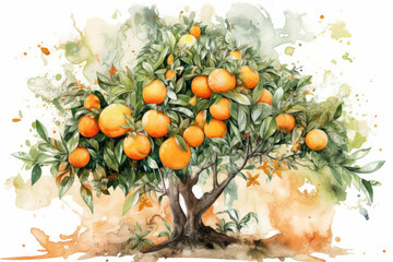 Watercolor Orange tree, generative ai