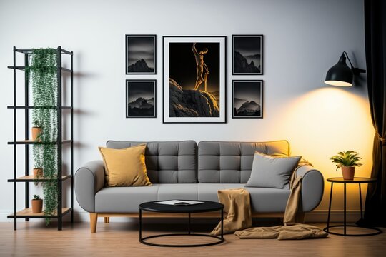 A living room with a couch and a wall with a picture of a mountain and a tree