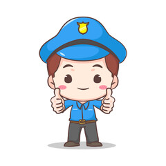 Cute policeman standing  showing thumbs up cartoon character. People profession concept design. Isolated white background. Vector art illustration. Adorable chibi flat cartoon style