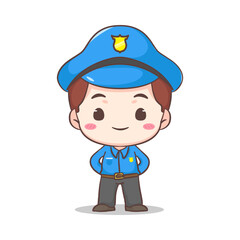 Cute policeman standing with arms on back cartoon character. People profession concept design. Isolated white background. Vector art illustration. Adorable chibi flat cartoon style