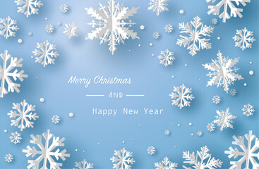 Merry Christmas or New year card with square frame and white origami snowflake or ice crystal on blue background. Vector illustration art in paper cut design.