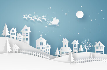 Merry Christmas or Happy New Year card in winter landscape with houses and building and Santa Claus on the sky in winter season. Vector illustration art in paper cut design.