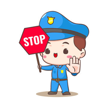 Cute policeman holding stop sign cartoon character. People profession concept design. Isolated white background. Vector art illustration. Adorable chibi flat cartoon style