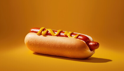 hot dogs with mustard on a yellow background created with Generative AI technology