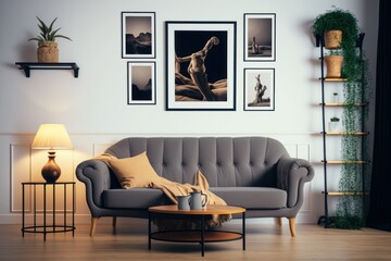 A living room with a sofa and a coffee table with a picture of a man on it