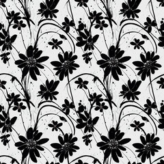 Seamless pattern with black flowers on white background. Generative AI art.