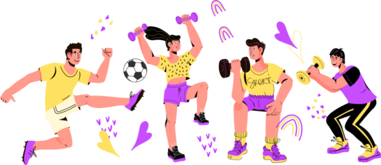 Training and exercising, sport workout and healthy lifestyle. Fitness and sports. Active people characters.