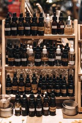 Mockup black brown glass bottles with pipettes. Smell of essential fragrance oil. Tester perfume...