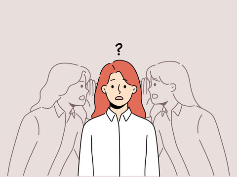 Confused Woman Listen To Inner Voice. Frustrated Female Hear Other Personalities Doubt About Decision Making. Vector Illustration.