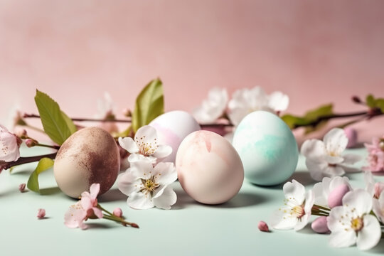 Happy Easter concept with easter eggs in nest and spring flowers on light background. Easter background with copy space,