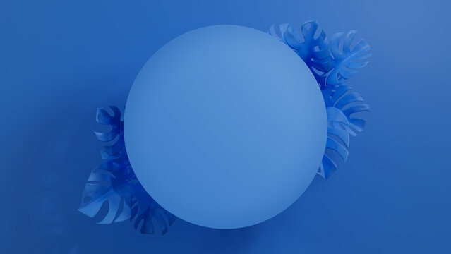 Monstera Plant Border forms Blue, Trendy Design. Circle Botanical Frame with copy-space.