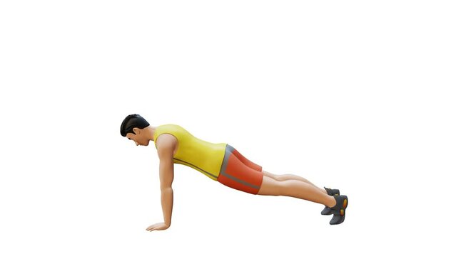 Animated character doing Plank Lateral Raise. Plank Lateral Raise exercise in 3d animation and illustration. Perfect for fitness themed productions, health products, diet, weight loss. 3d Render