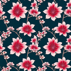 Summer seamless pattern with pink flowers. Generative AI art.