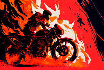 Illustration of bright motorcyclist riding motorbike on red ground against colorful backdrop, generative ai image.