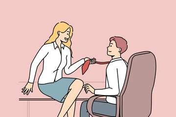 Businesswoman seduce male employee in office. Female CEO or boss flirt with man subordinate at workplace. Sexual harassment. Vector illustration. 