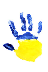 Watercolor colorful handprint yellow blue colors of Ukraine flag