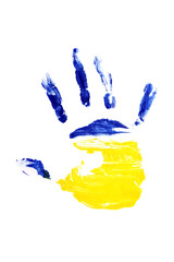 Watercolor colorful handprint yellow blue colors of Ukraine flag