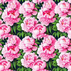 Summer seamless pattern with pink peonies flowers. Generative AI art.