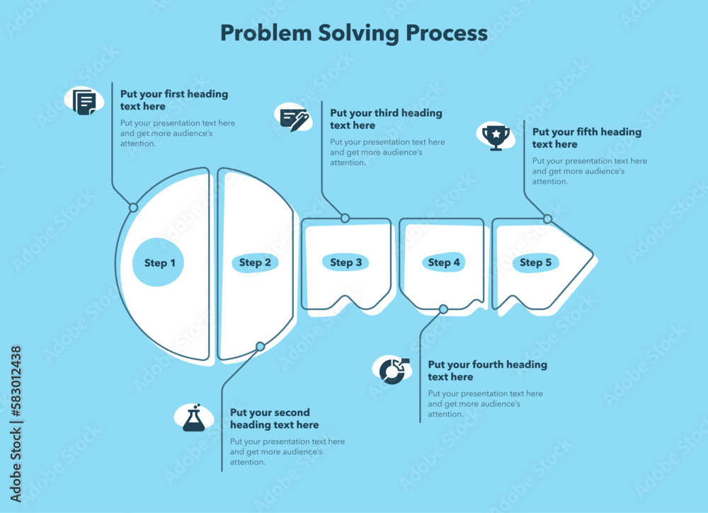 Poster Problem solving process template with five steps and a key as a main symbol - blue version. Slide for business presentation.
