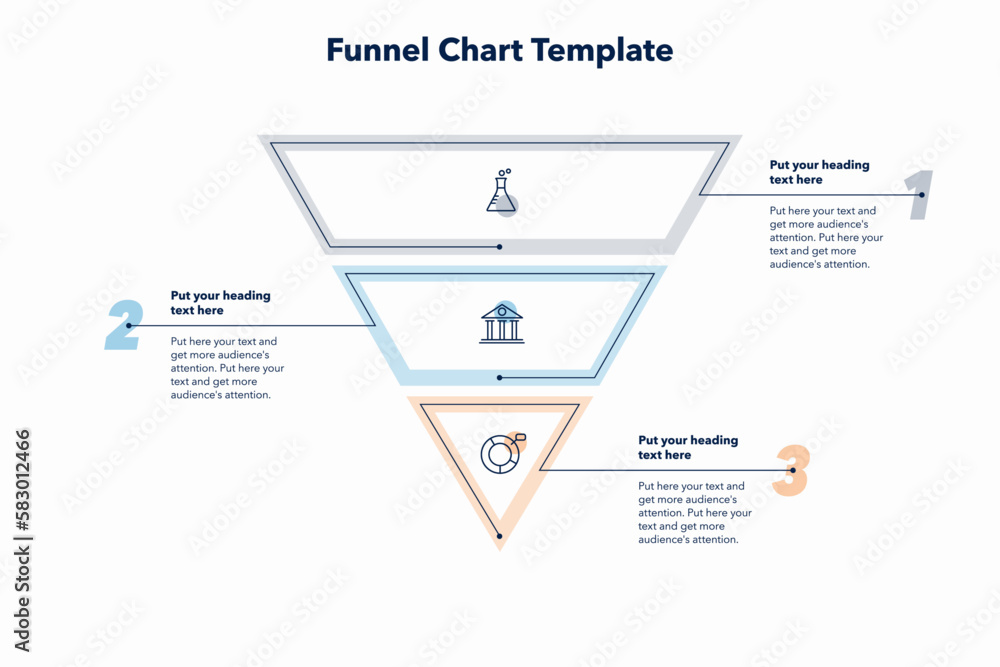 Poster Funnel chart template with three colorful sections. Creative diagram divided into three steps with minimalistic icons.