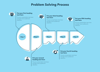 Problem solving process template with five steps and a key as a main symbol - blue version. Slide for business presentation.