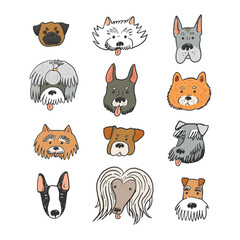 Dog funny animal face line vector illustrations set.