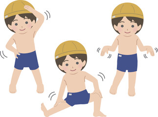 プールに入る前に準備運動する少年　スクール水着