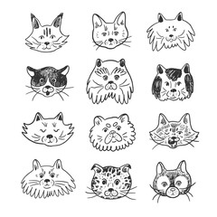 Cat funny animal face vector line illustrations set.