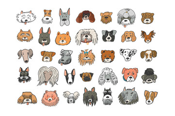 Dog funny animal face line vector illustrations set.