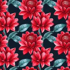 Seamless pattern with red flowers and green leaves on black background. Generative AI art.	