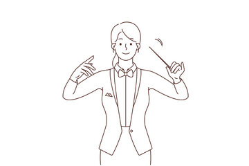 Female conductor with baton in hands 