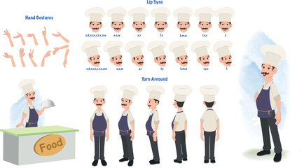 A chef character model sheet for animation. Character model sheet with lips syn, hand gesture, turn around sheet - obrazy, fototapety, plakaty