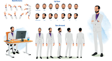 A businessman character model sheet for animation. Woman character model sheet with lips syn, hand gesture, turn around sheet - obrazy, fototapety, plakaty